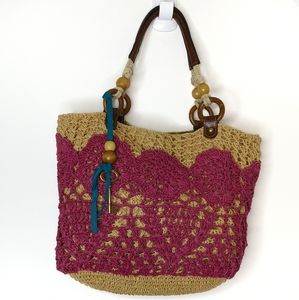 Fossil pink and tan straw purse